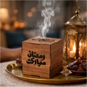 مبخرة رمضان خشبية بتصميم مكعب مع عبارة رمضان مبارك مبخرة رمضان خشبية بتصميم مكعب مع عبارة رمضان مبارك