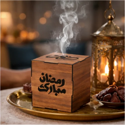 مبخرة رمضان خشبية بتصميم مكعب مع عبارة رمضان مبارك مبخرة رمضان خشبية بتصميم مكعب مع عبارة رمضان مبارك