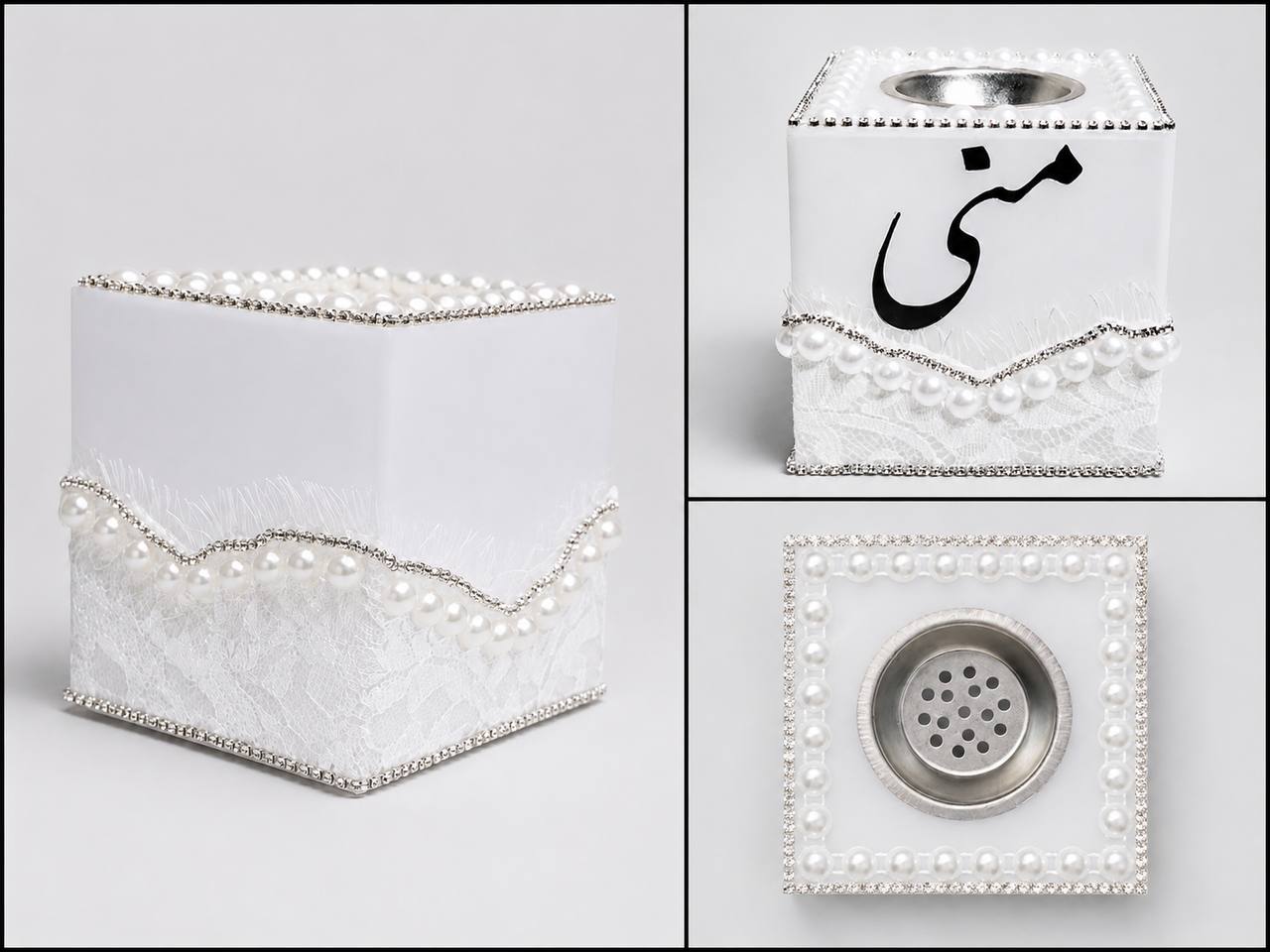 طقم مرآة ومبخرة مزخرفة باللؤلؤ والدانتيل الأبيض – تصميم فاخر باسم مخصص. طقم مرآة ومبخرة مزخرفة باللؤلؤ والدانتيل الأبيض – تصميم فاخر باسم مخصص.